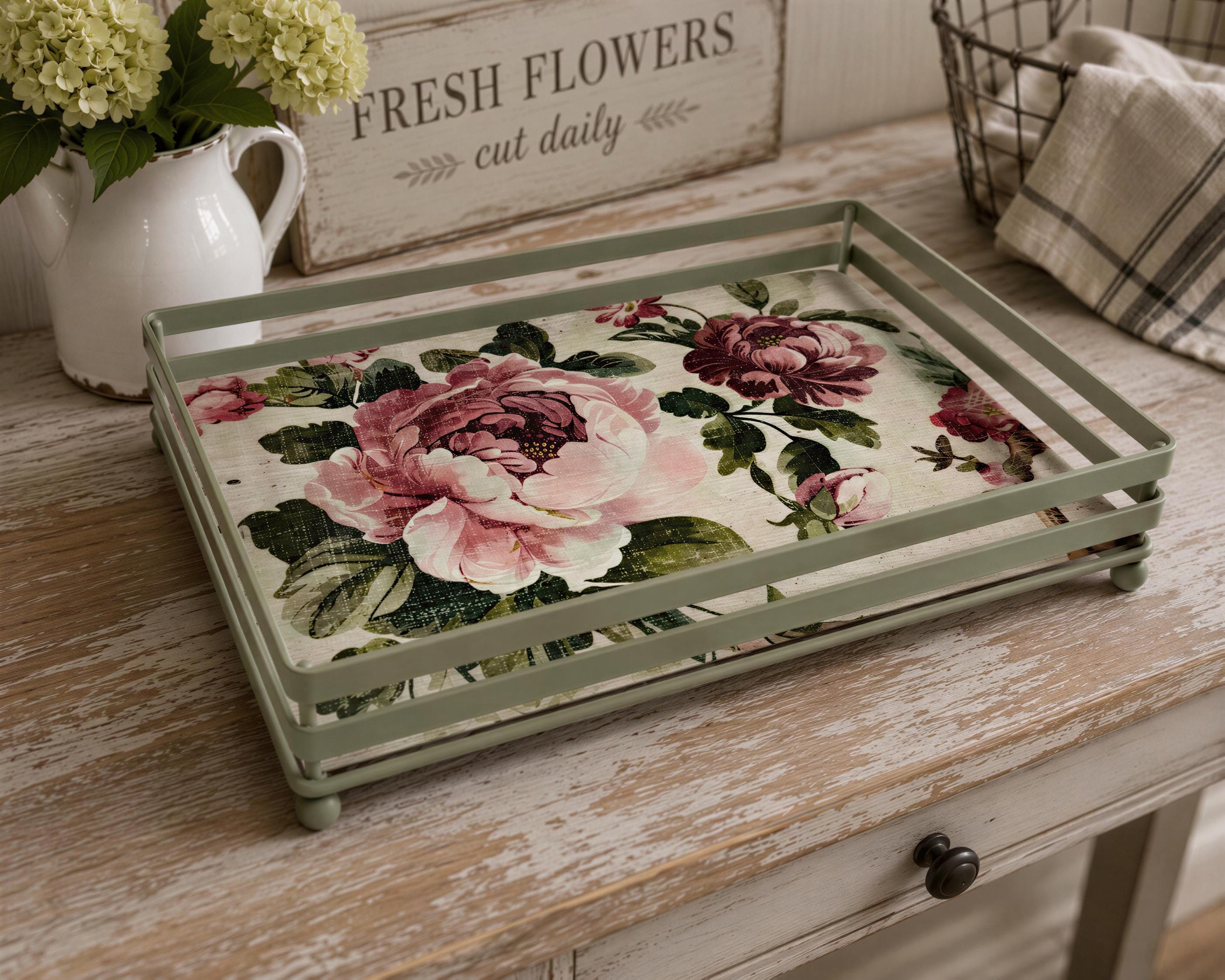 Sage Shabby Chic Open Metal Tray: 10"x7"