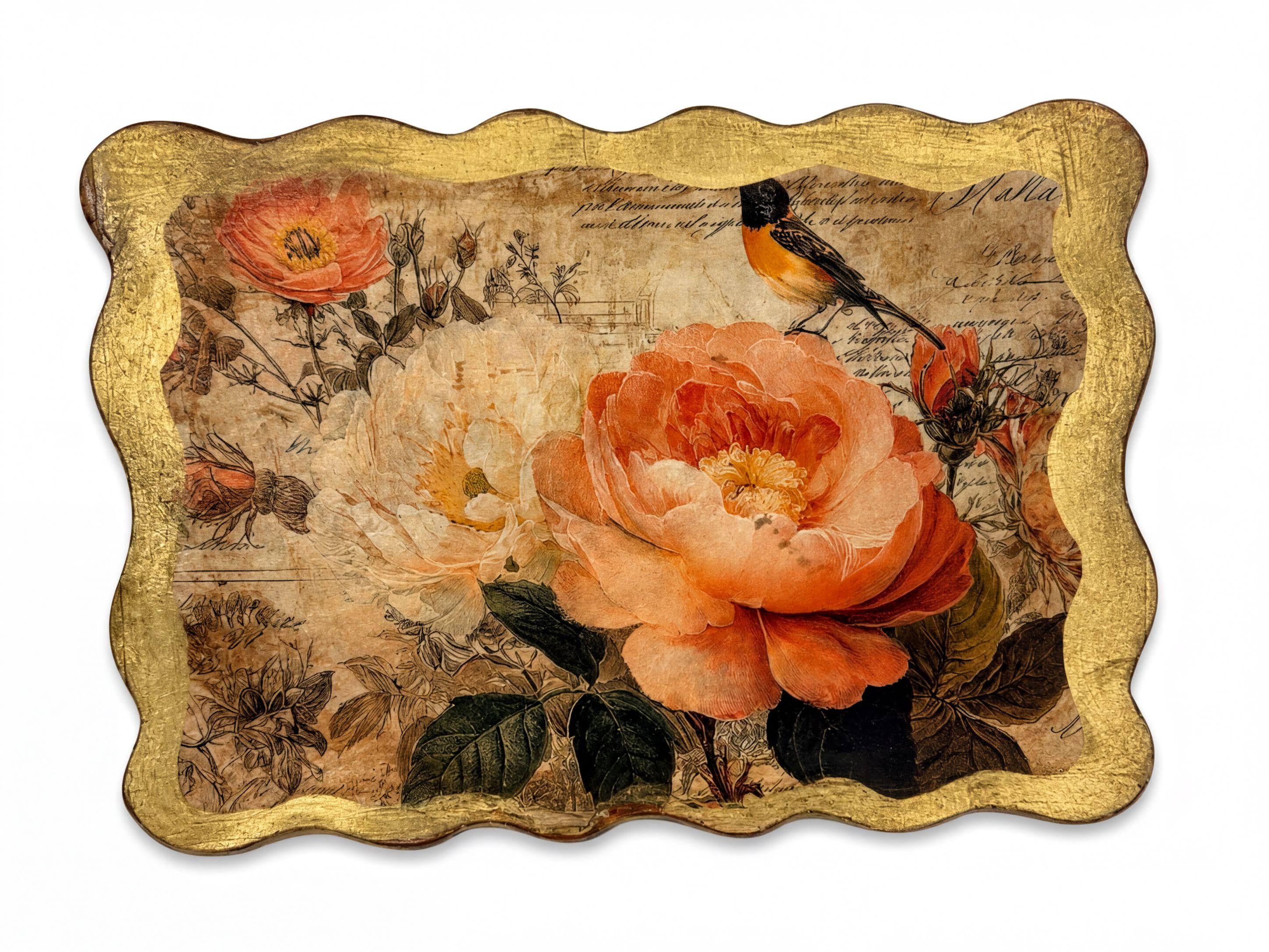 Peach Peony & Bird Riser: 13”x9”