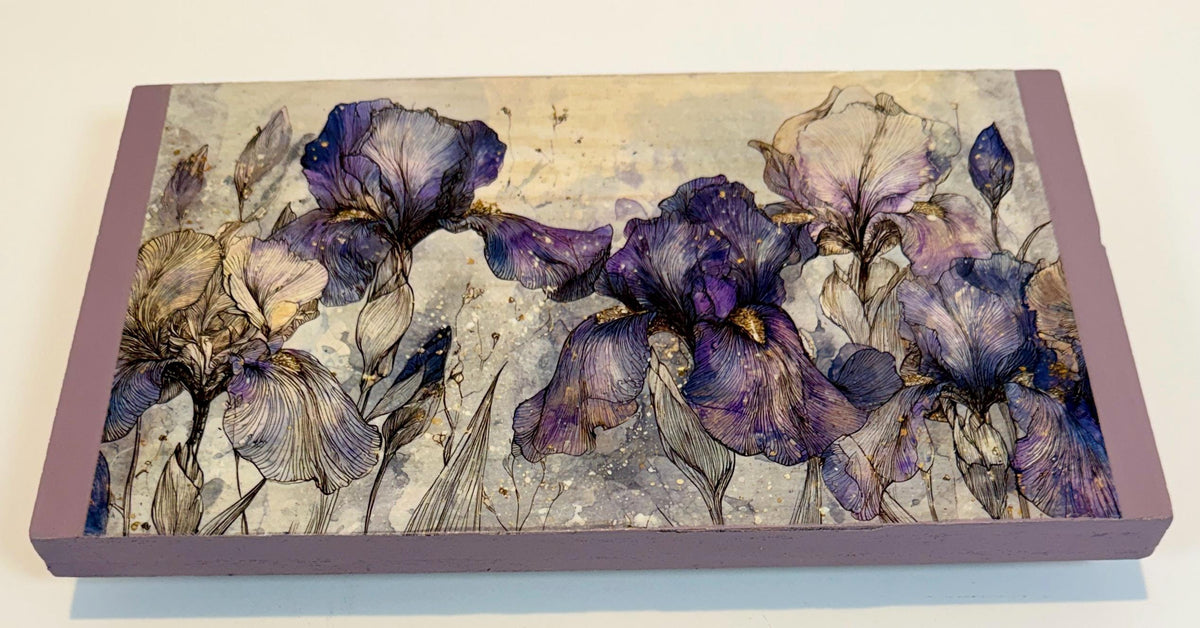 Wooden Floral Riser, Purple Iris Decor, 12 X 7, Lavender Art Feet by Mikela Lindel Home
