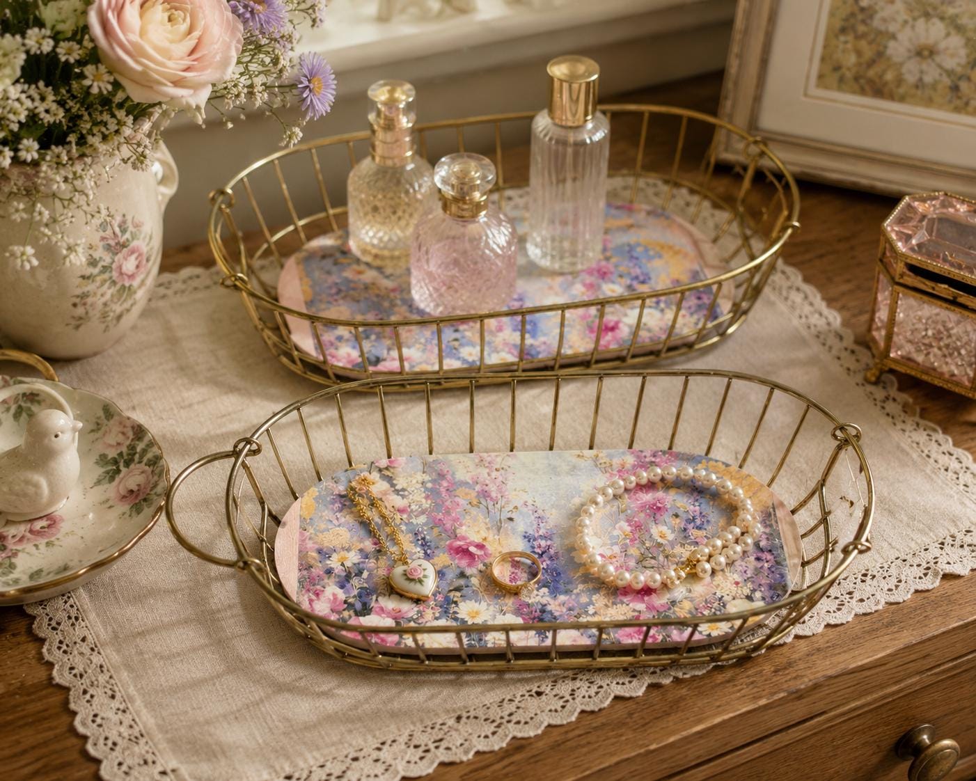 Floral Gold Wire Baskets: 15", 12.75"