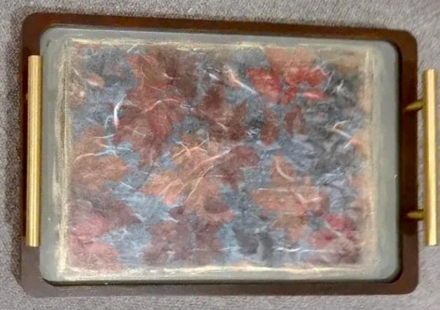 Fall Decorative Tray, Autumn Leaves Wood, Gold Handles, 14"x9.25"