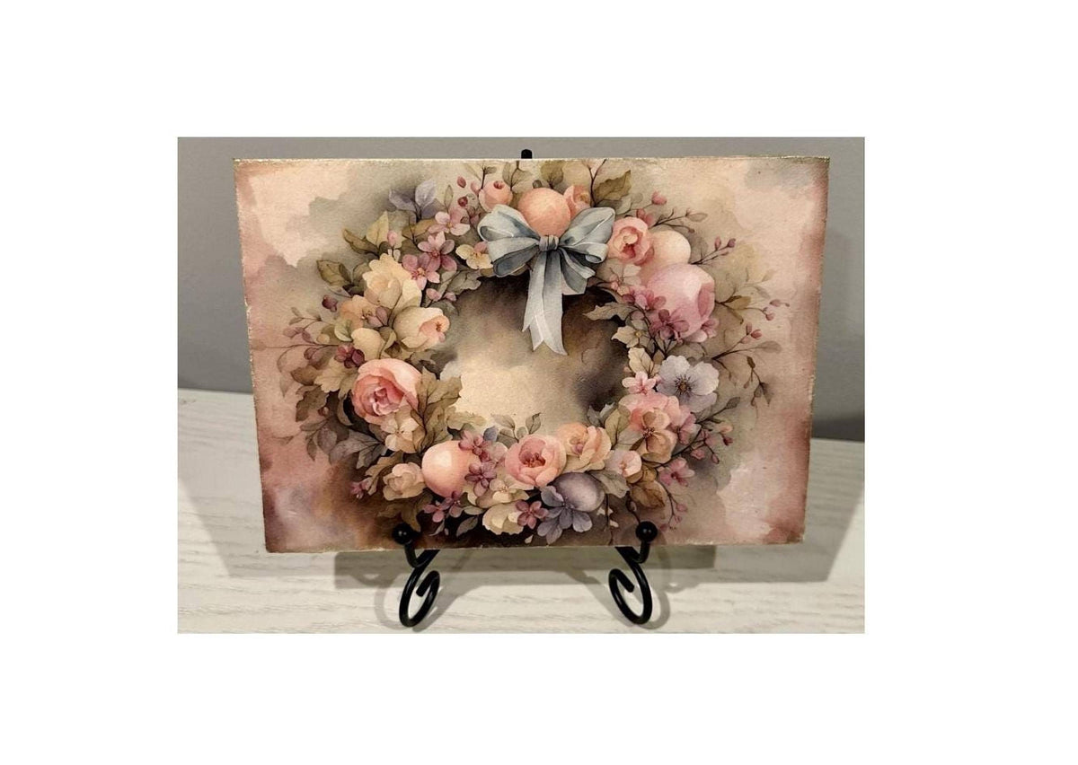 Floral Wreath Wood Sign | 5X7 Handmade Decoupage Cottagecore Decor by Mikela Lindel Home