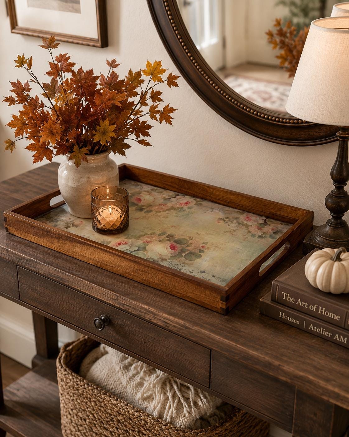 Rustic Vintage Floral Tray: 17"x11.5"