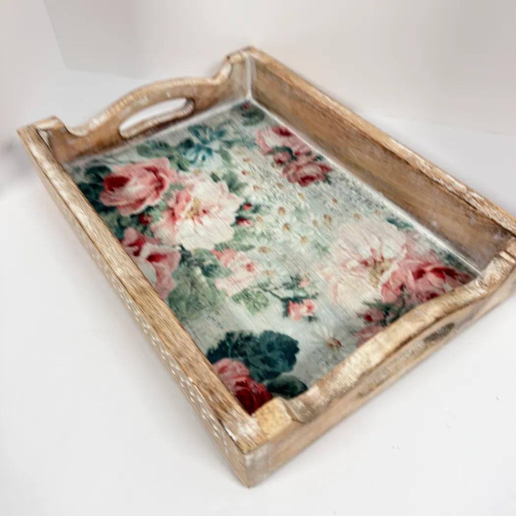 Floral Decorative Wood Tray, White Distressed Finish, 14 X 10 In