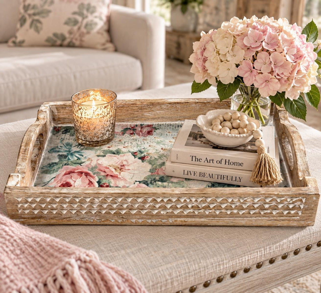 Floral Decorative Wood Tray, White Distressed Finish, 14 X 10 In
