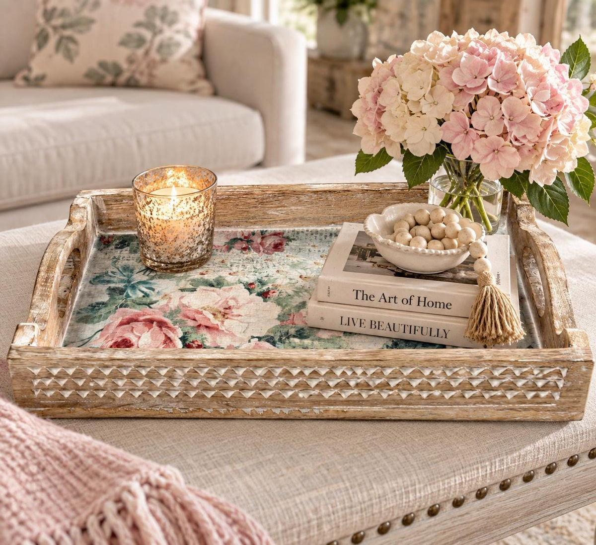 Floral Decorative Wood Tray, White Distressed Finish, 14 X 10 In