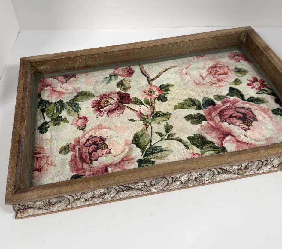 Shabby Chic Serving Tray | Pink Rose Decoupage Wood Tray 16.5x10.75 by Mikela Lindel Home