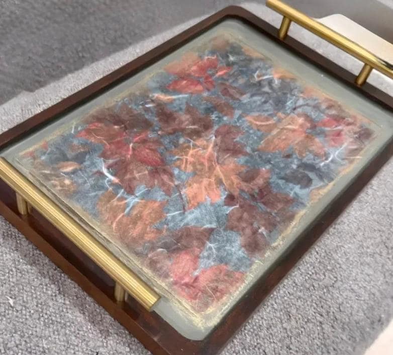 Fall Decorative Tray, Autumn Leaves Wood, Gold Handles, 14"x9.25"