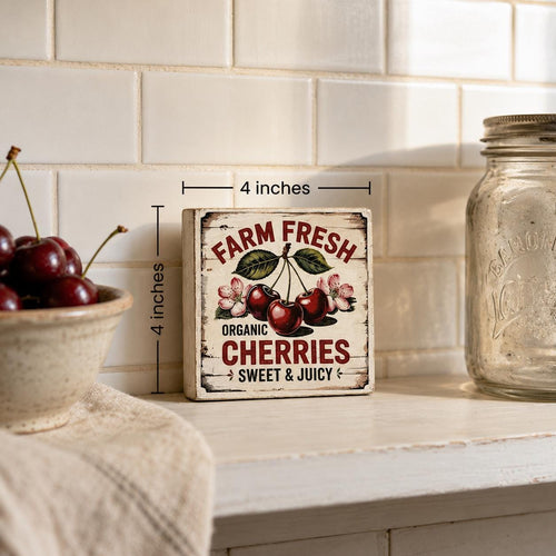 Cherry Wood Block Sign, Farm Fresh Cherries, 4X4 Inch Shelf Decor by Mikela Lindel Home
