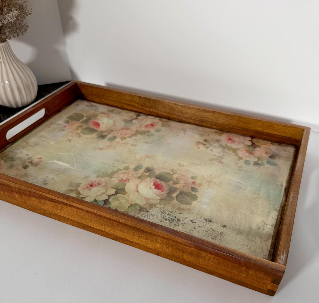 Vintage Floral Serving Tray, Rustic Wood, Farmhouse Decor, 17" X 11.5 by Mikela Lindel Home