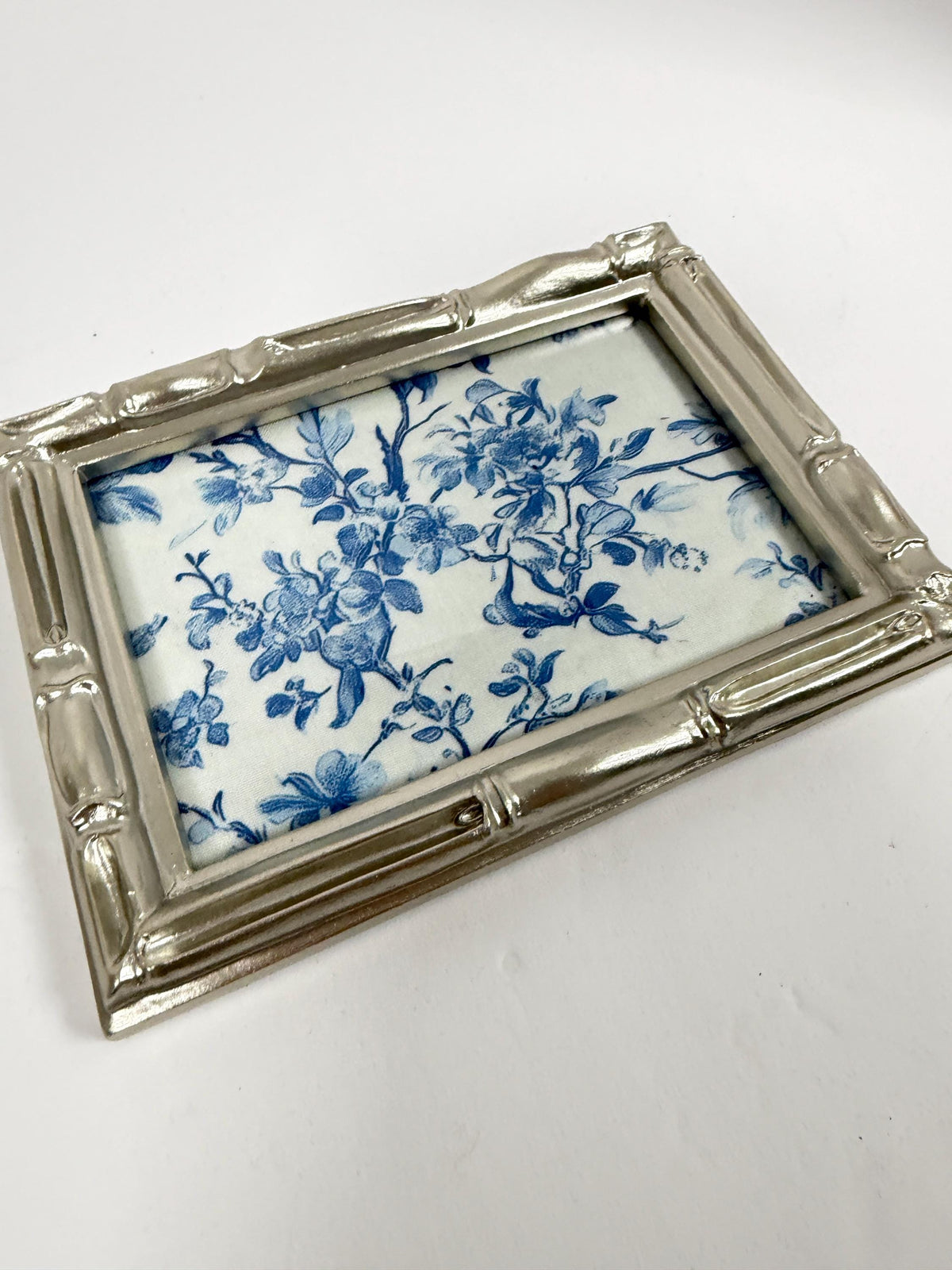 Blue Floral Vanity Tray, Silver Bamboo Frame, Jewelry Tray, 5 X 7 In