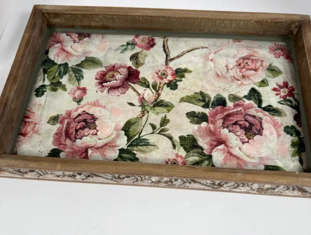 Shabby Chic Serving Tray | Pink Rose Decoupage Wood Tray 16.5x10.75 by Mikela Lindel Home