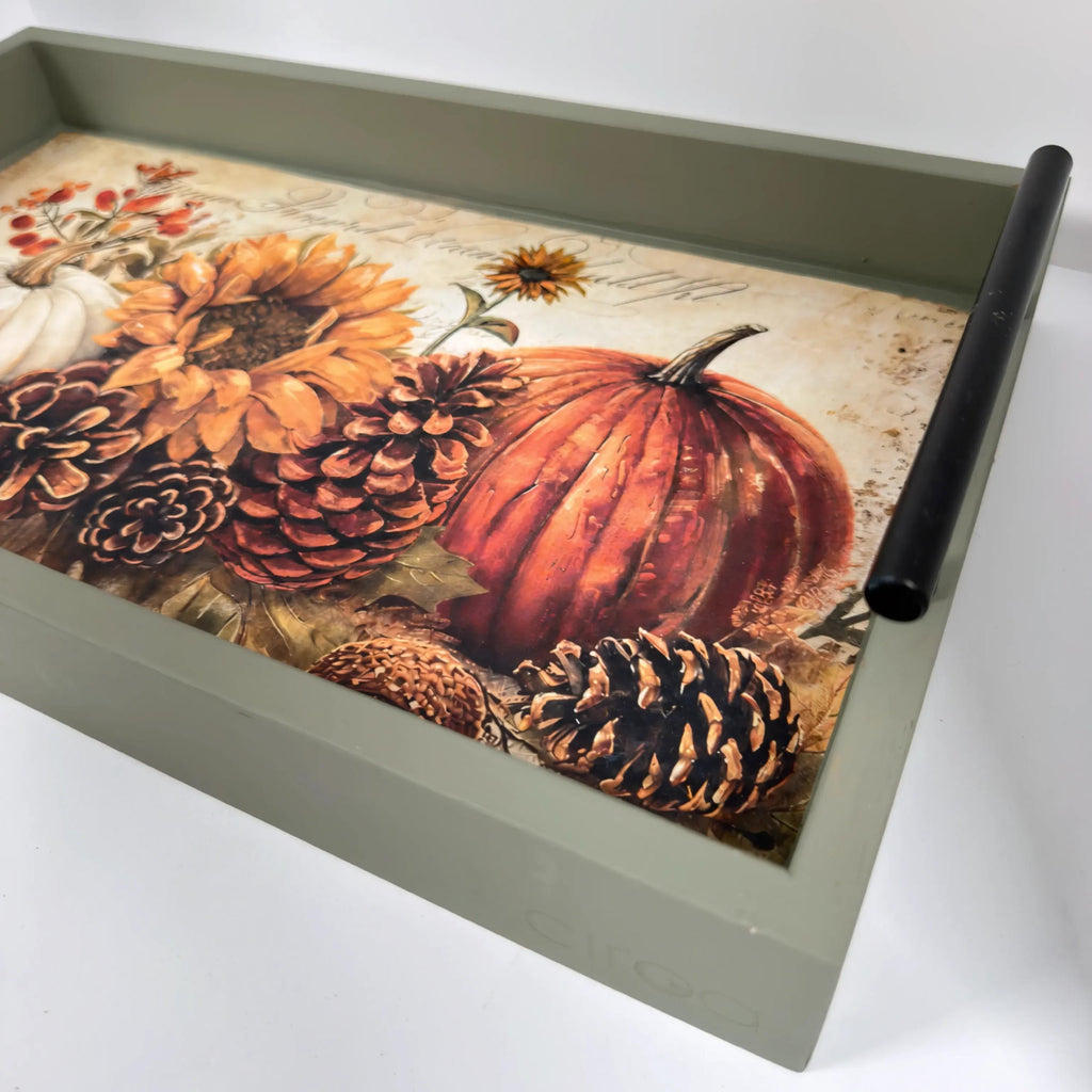 Fall Decorative Wood Tray, Pumpkin Sunflower Decoupage, Thicket Green by Mikela Lindel Home