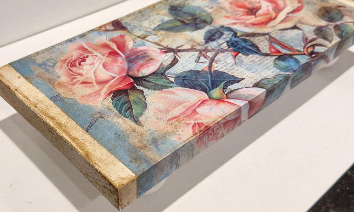 Vintage Wood Riser, Rose Sheet Music Decor, 12x5.5 In Tray Shelf by Mikela Lindel Home