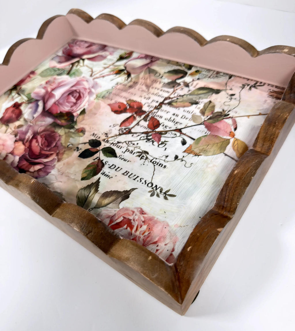 Decorative Floral Tray, Dusty Rose Wood, Wavy Edge 14.25x10.25