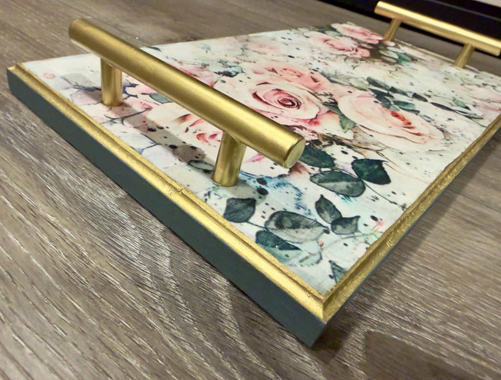 Decorative Floral Tray, Pink Rose, Brushed Gold Accents, 15.75"x8 by Mikela Lindel Home