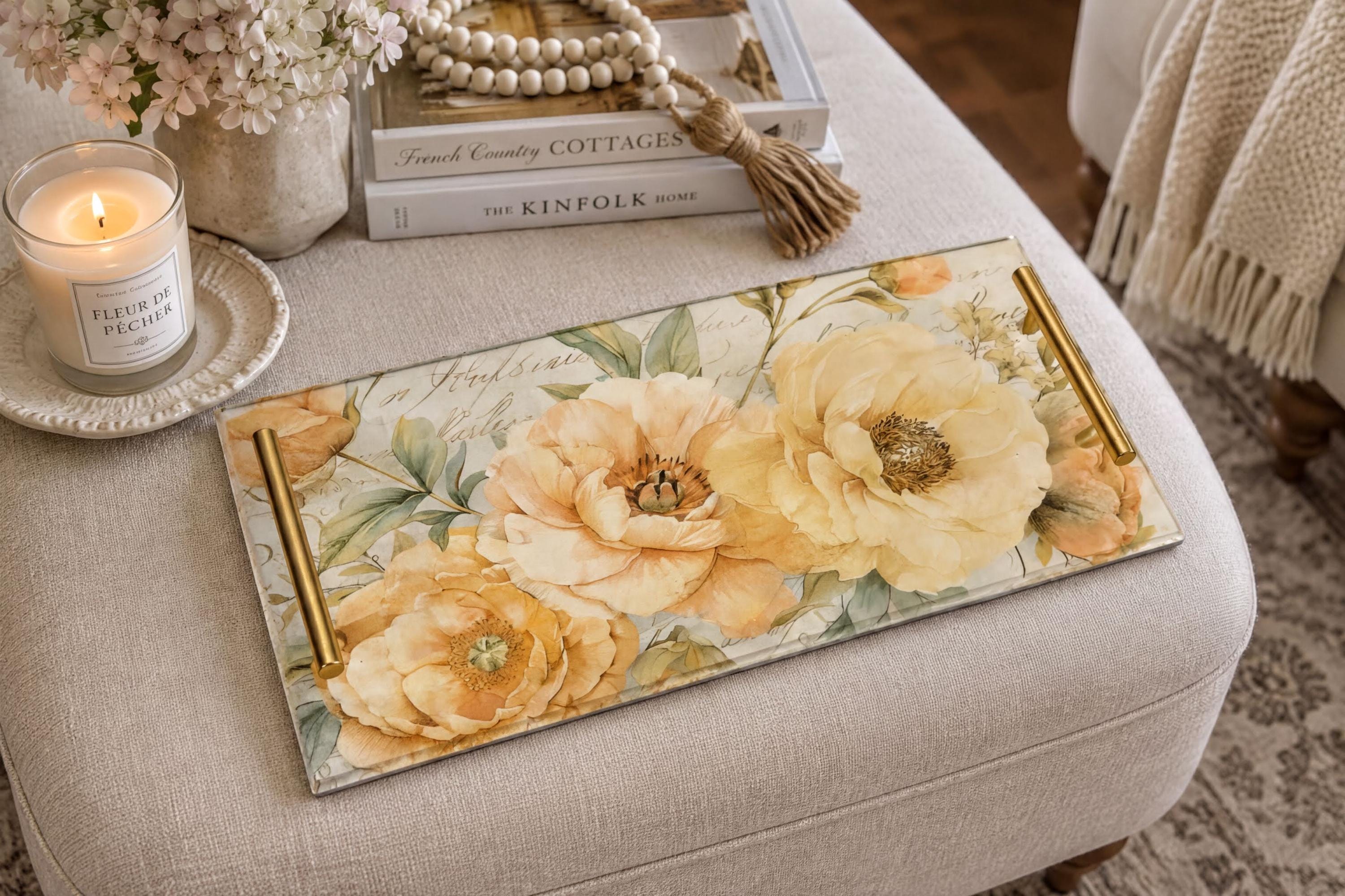 Peach Floral Tray: 15.75"x8"