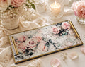 Decorative Floral Tray, Pink Rose, Brushed Gold Accents, 15.75"x8 by Mikela Lindel Home