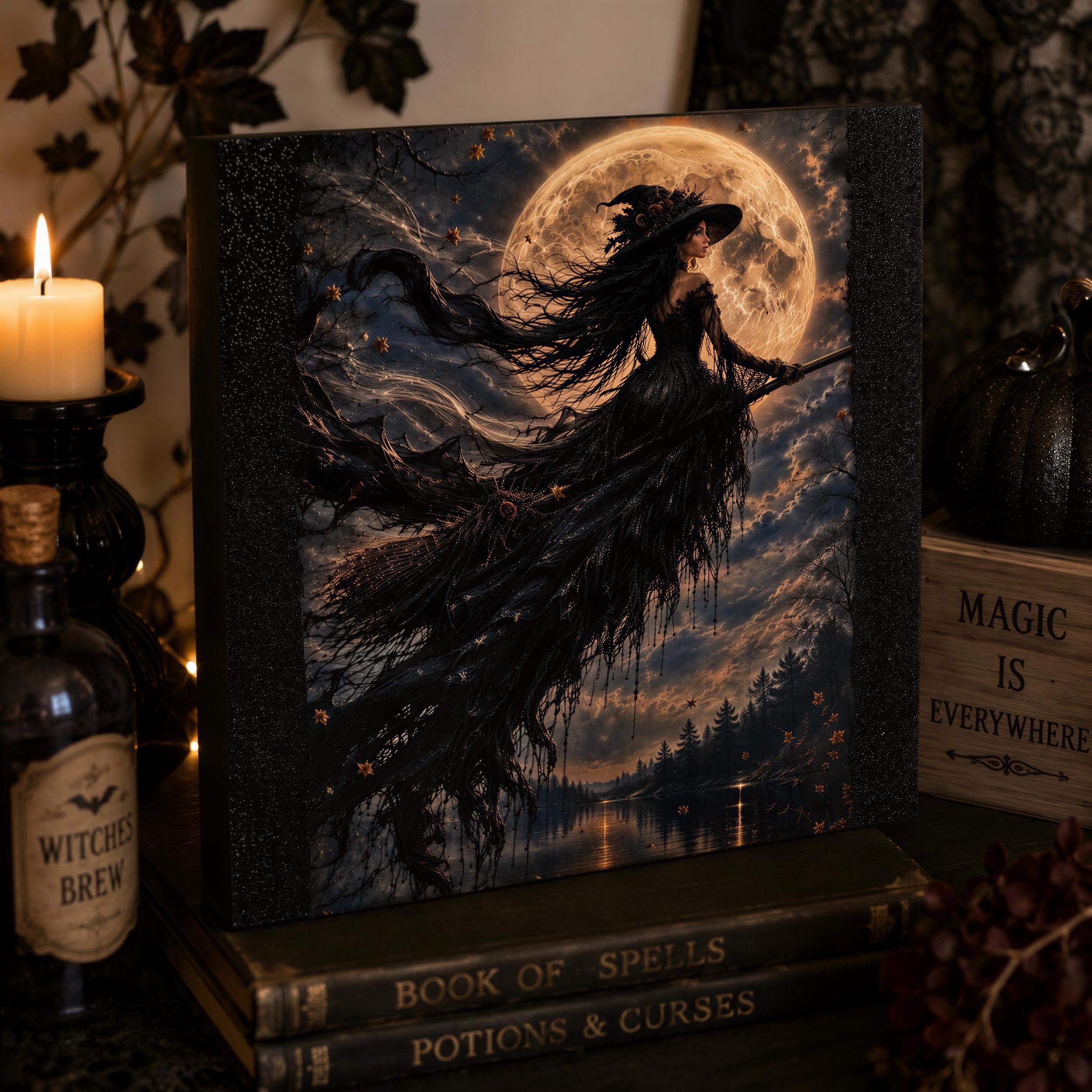 Moonlit Glitter Witch Halloween Block: 10"x10"