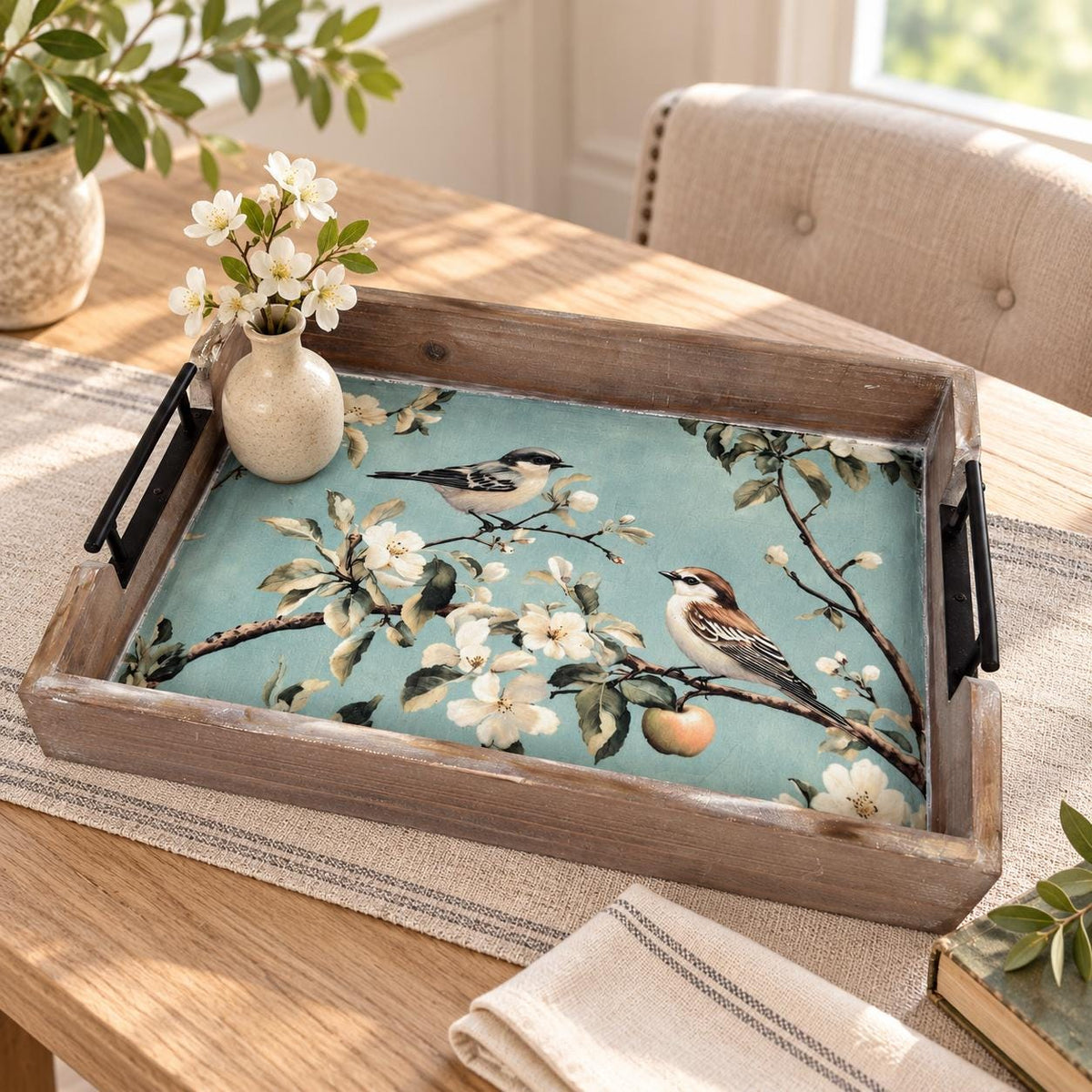 Rustic Decorative Tray, Bird Blossom Wood Tray, Metal Handles, 16"x12" by Mikela Lindel Home