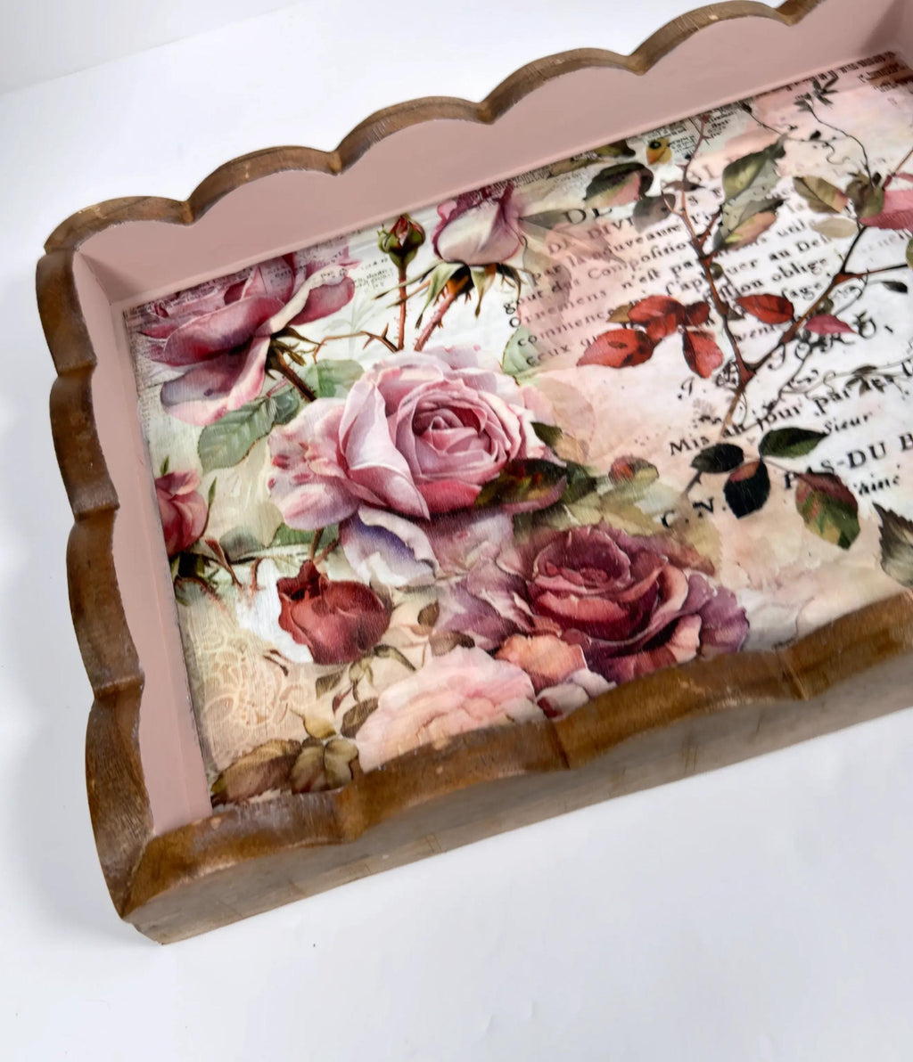 Decorative Floral Tray, Dusty Rose Wood, Wavy Edge 14.25x10.25