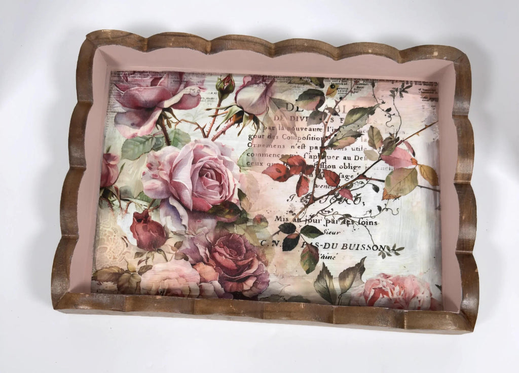 Decorative Floral Tray, Dusty Rose Wood, Wavy Edge 14.25x10.25