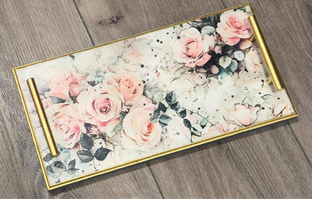 Decorative Floral Tray, Pink Rose, Brushed Gold Accents, 15.75"x8 by Mikela Lindel Home
