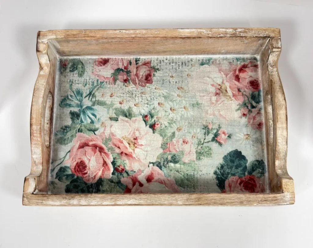 Floral Decorative Wood Tray, White Distressed Finish, 14 X 10 In