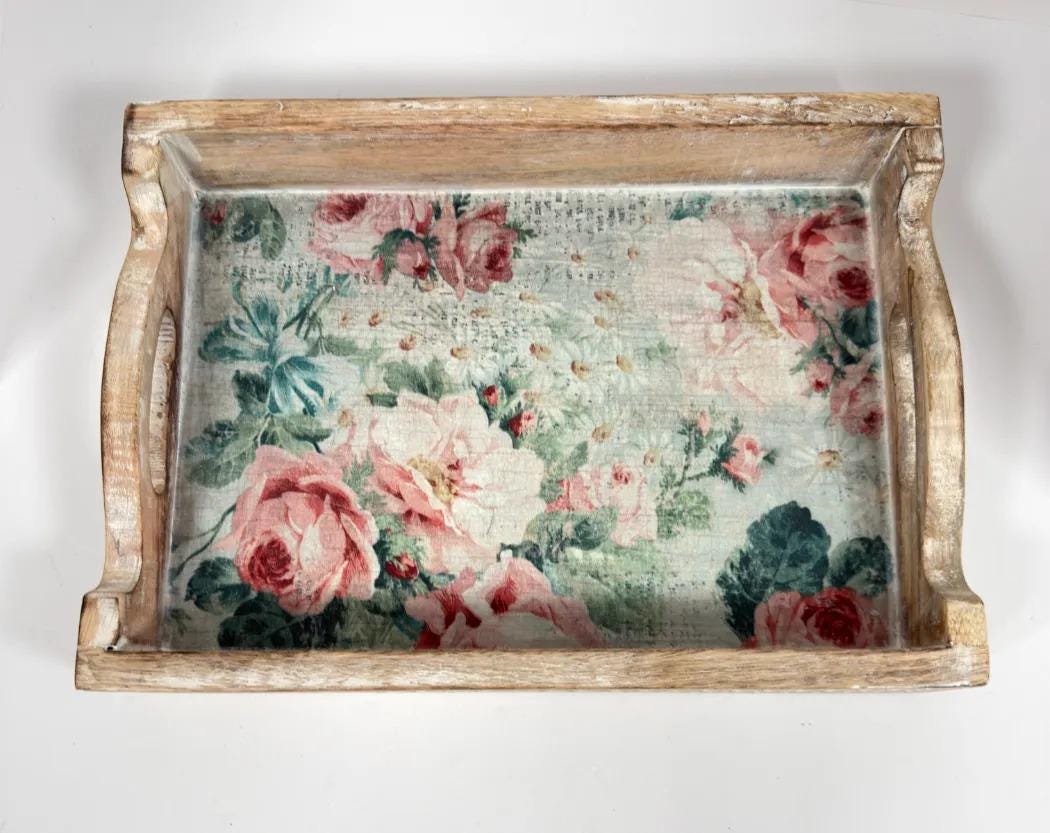 Floral Decorative Wood Tray, White Distressed Finish, 14 X 10 In