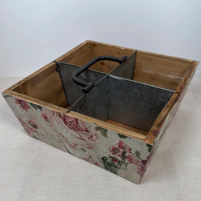 Floral Garden Tool Caddy, Wooden Organizer, 9.5 x 9.5 x 4 Inch