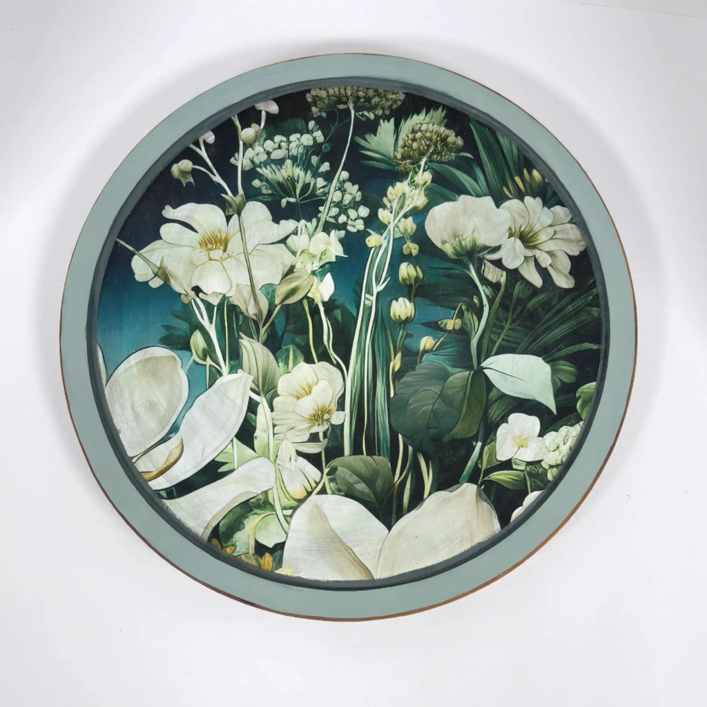 Floral Lazy Susan, Botanical Blue Green Wood Turntable, 14 Inch by Mikela Lindel Home