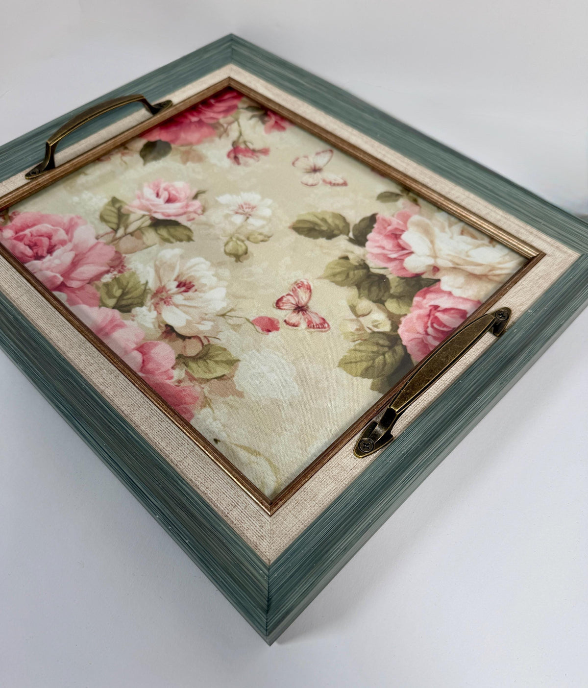 Floral Vanity Tray, Green Decor, Brass Handles, 12.5 X 10.5 In by Mikela Lindel Home