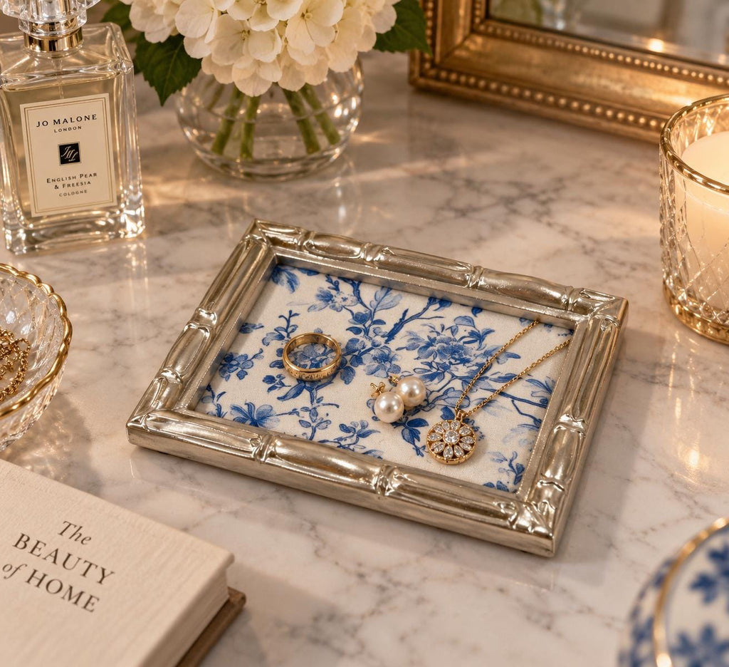 Blue Floral Vanity Tray, Silver Bamboo Frame, Jewelry Tray, 5 X 7 In
