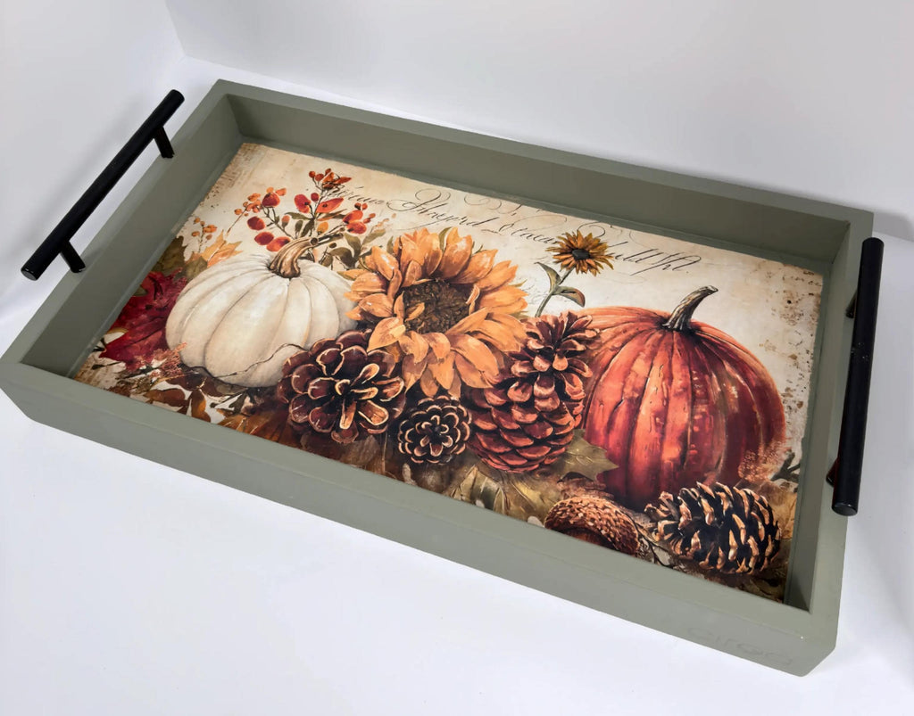 Fall Decorative Wood Tray, Pumpkin Sunflower Decoupage, Thicket Green by Mikela Lindel Home