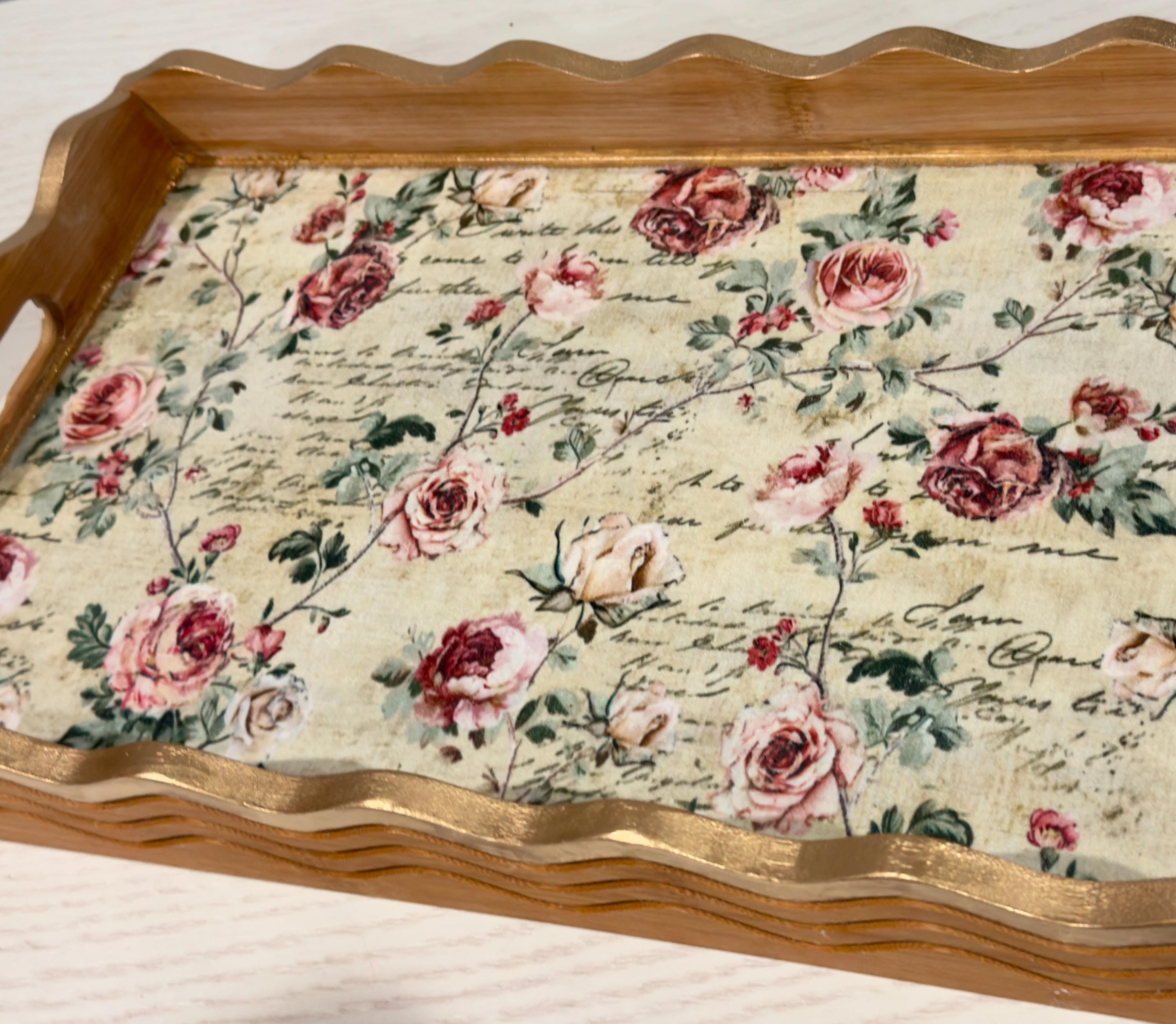 Floral Wood Tray with Gold Leaf: 17"x10"