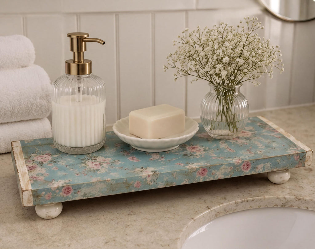 Floral Wood Riser, Powder Blue Ditsy Floral Decor, 12 X 5.5 Inch by Mikela Lindel Home
