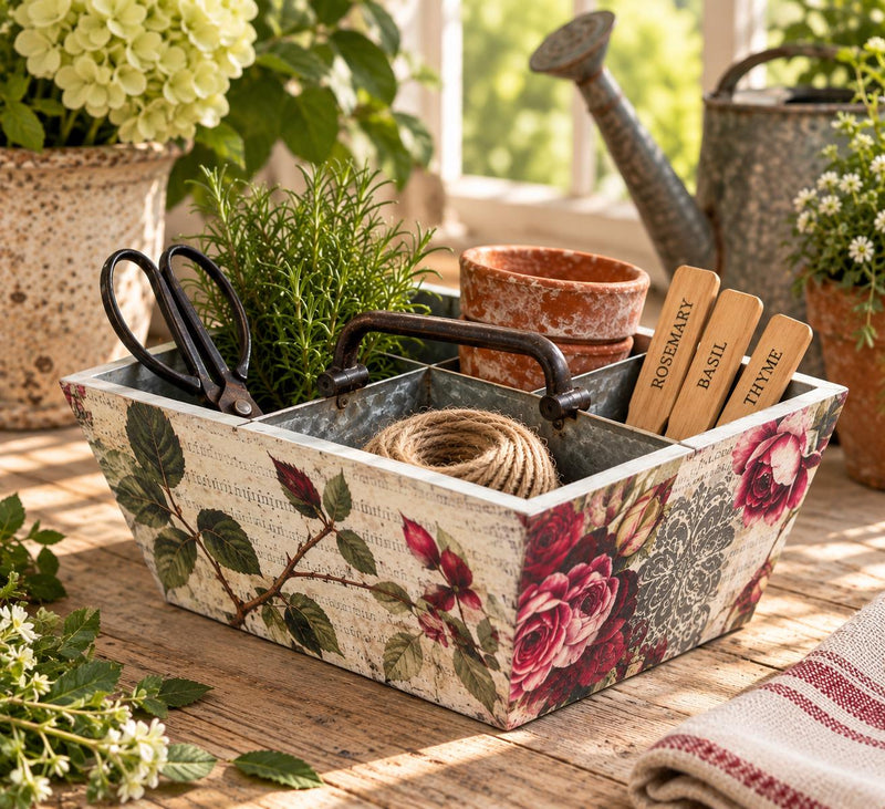 Vintage Rose Garden Caddy, Wood Metal Organizer, 9.5X9.5 Inch Tote by Mikela Lindel Home