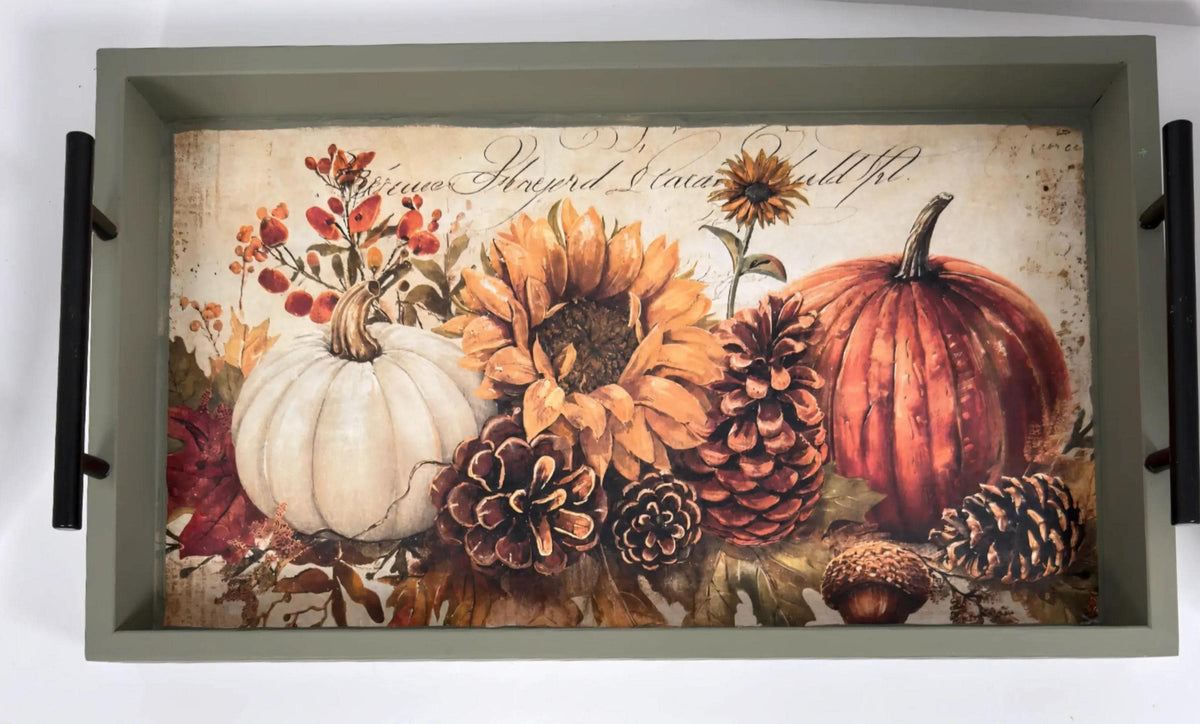 Fall Decorative Wood Tray, Pumpkin Sunflower Decoupage, Thicket Green by Mikela Lindel Home