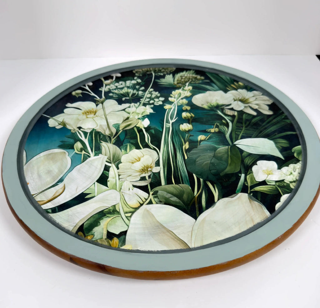 Floral Lazy Susan, Botanical Blue Green Wood Turntable, 14 Inch by Mikela Lindel Home