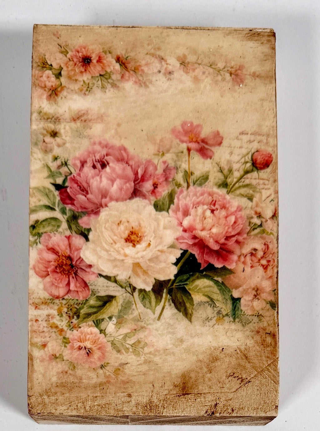 Vintage Floral Wood Block, Antique Pink Peony, 3"x5" Self-Standing by Mikela Lindel Home
