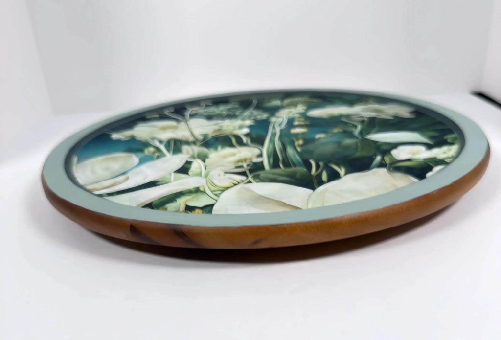 Floral Lazy Susan, Botanical Blue Green Wood Turntable, 14 Inch by Mikela Lindel Home