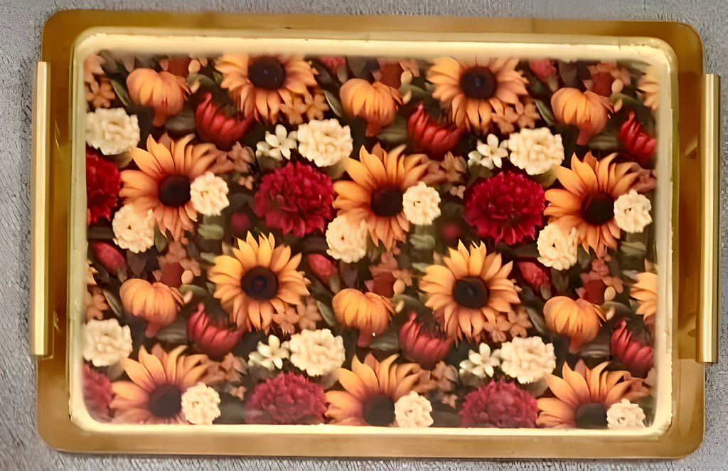 a tray with a floral pattern of sunflowers and other flowers.