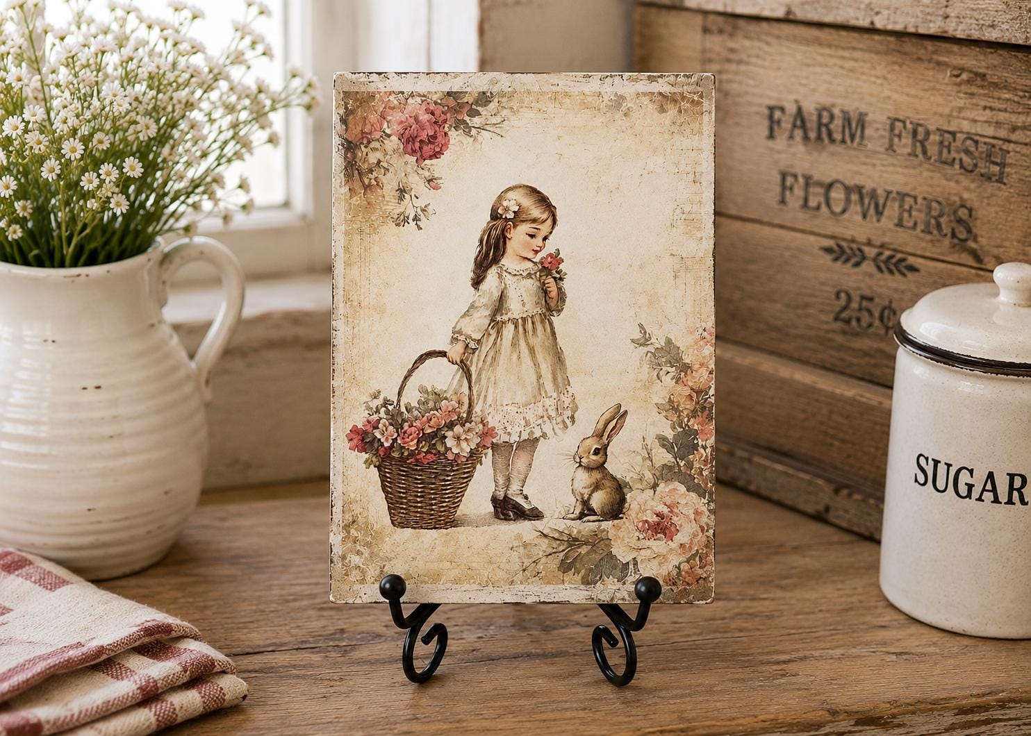 Antiqued Girl and Bunny: 5"x7"