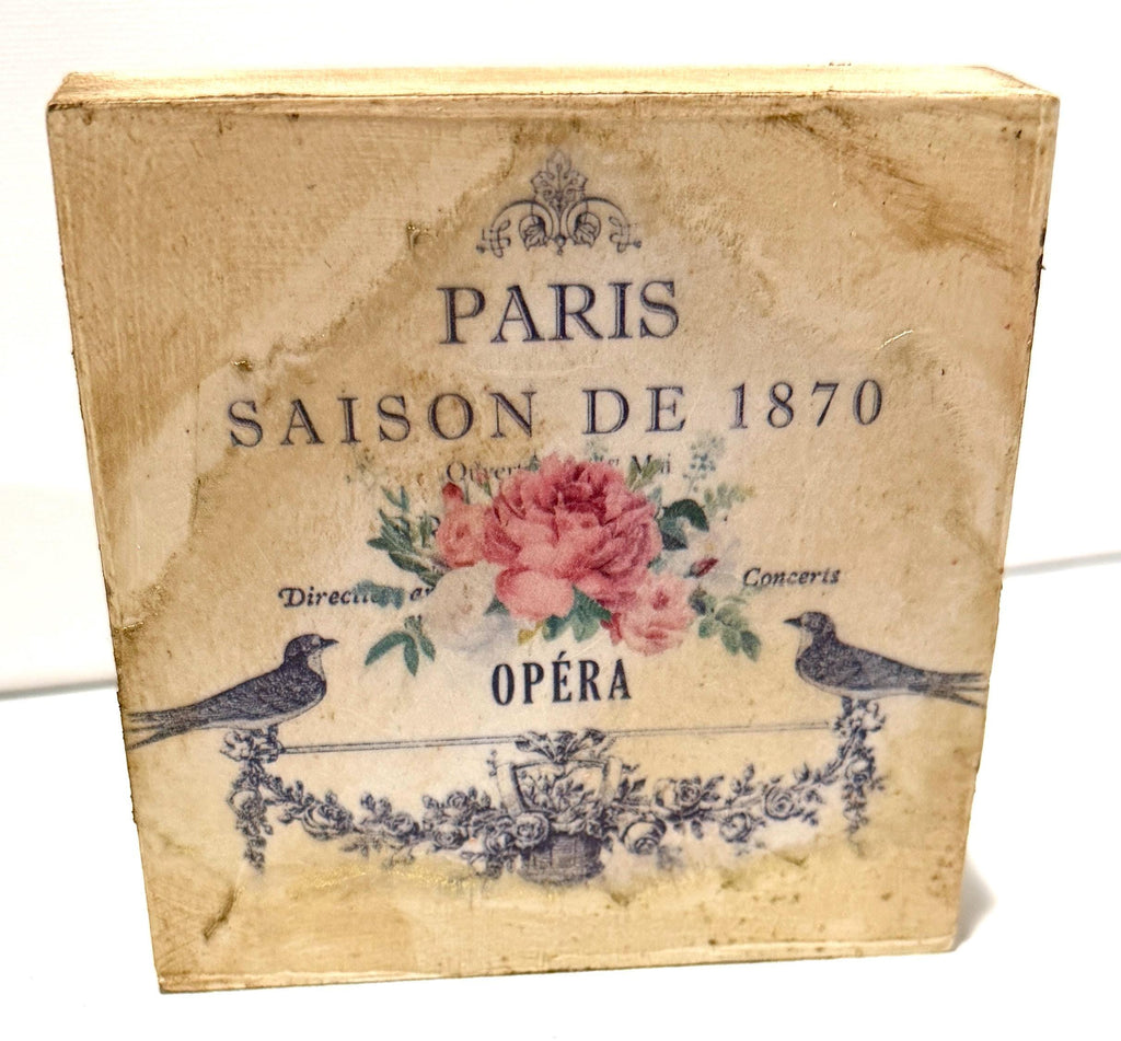 Vintage Floral Wood Block, Parisian Songbirds, 4" X 4" Decor by Mikela Lindel Home