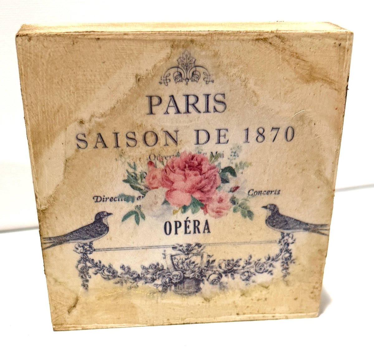 Vintage Floral Wood Block, Parisian Songbirds, 4" X 4" Decor by Mikela Lindel Home