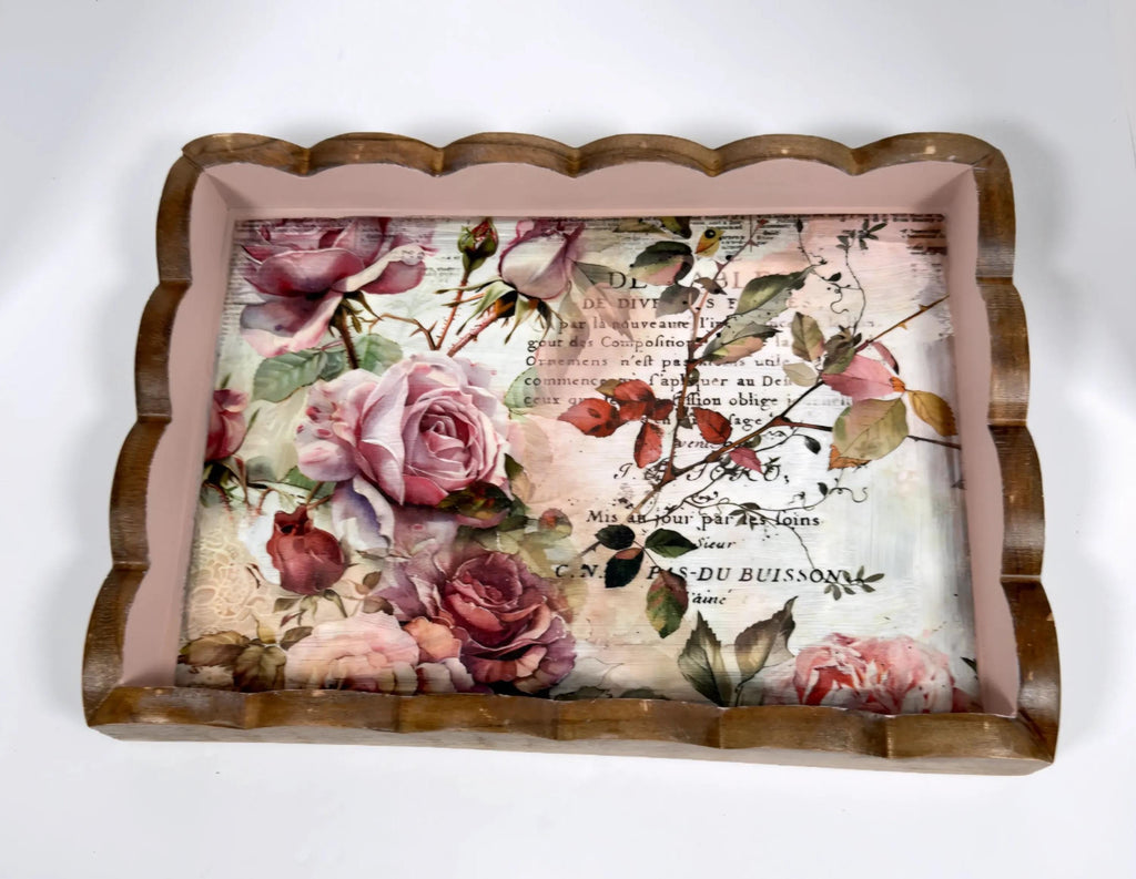 Decorative Floral Tray, Dusty Rose Wood, Wavy Edge 14.25x10.25