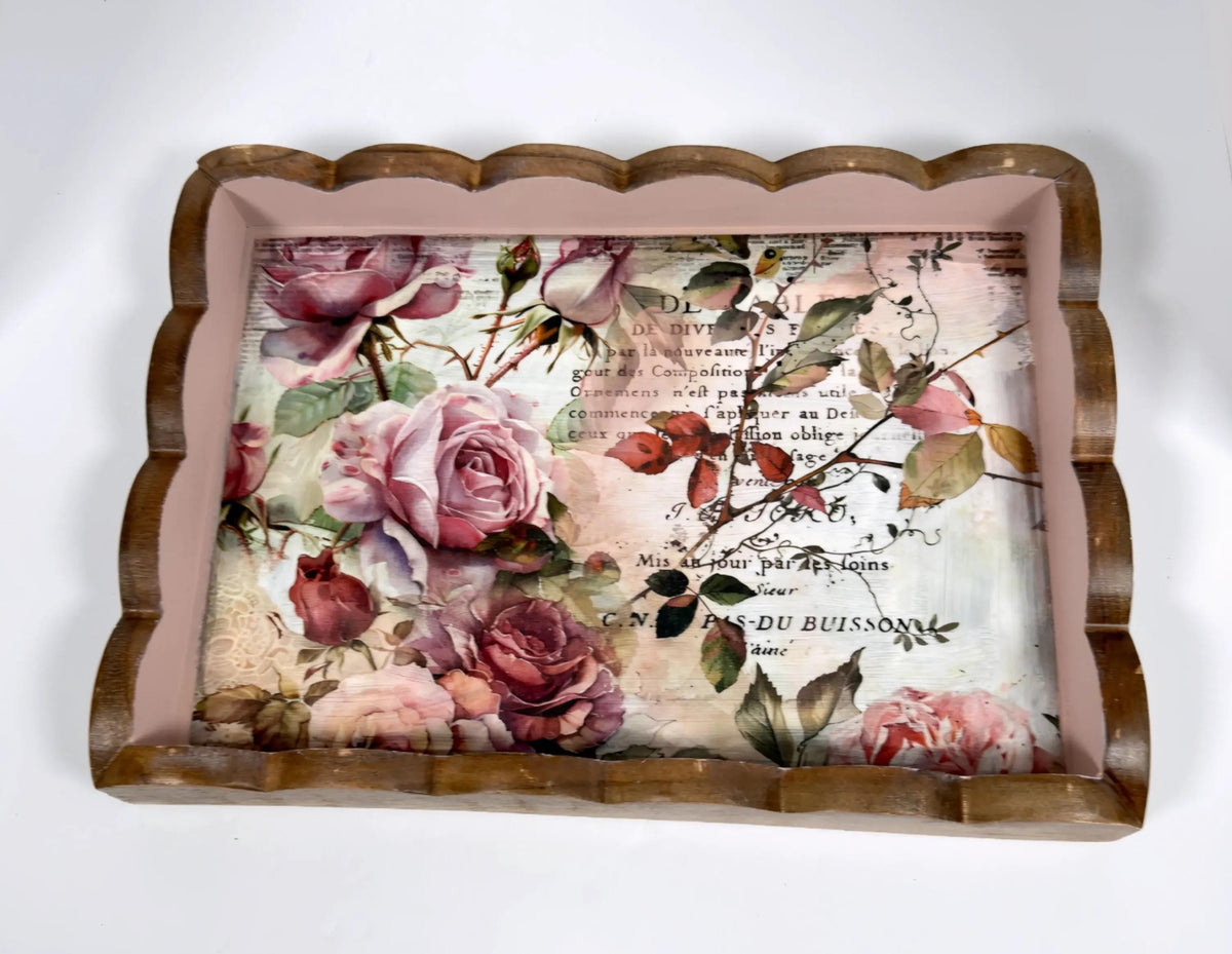 Decorative Floral Tray, Dusty Rose Wood, Wavy Edge 14.25x10.25