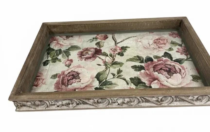 Shabby Chic Serving Tray | Pink Rose Decoupage Wood Tray 16.5x10.75 by Mikela Lindel Home