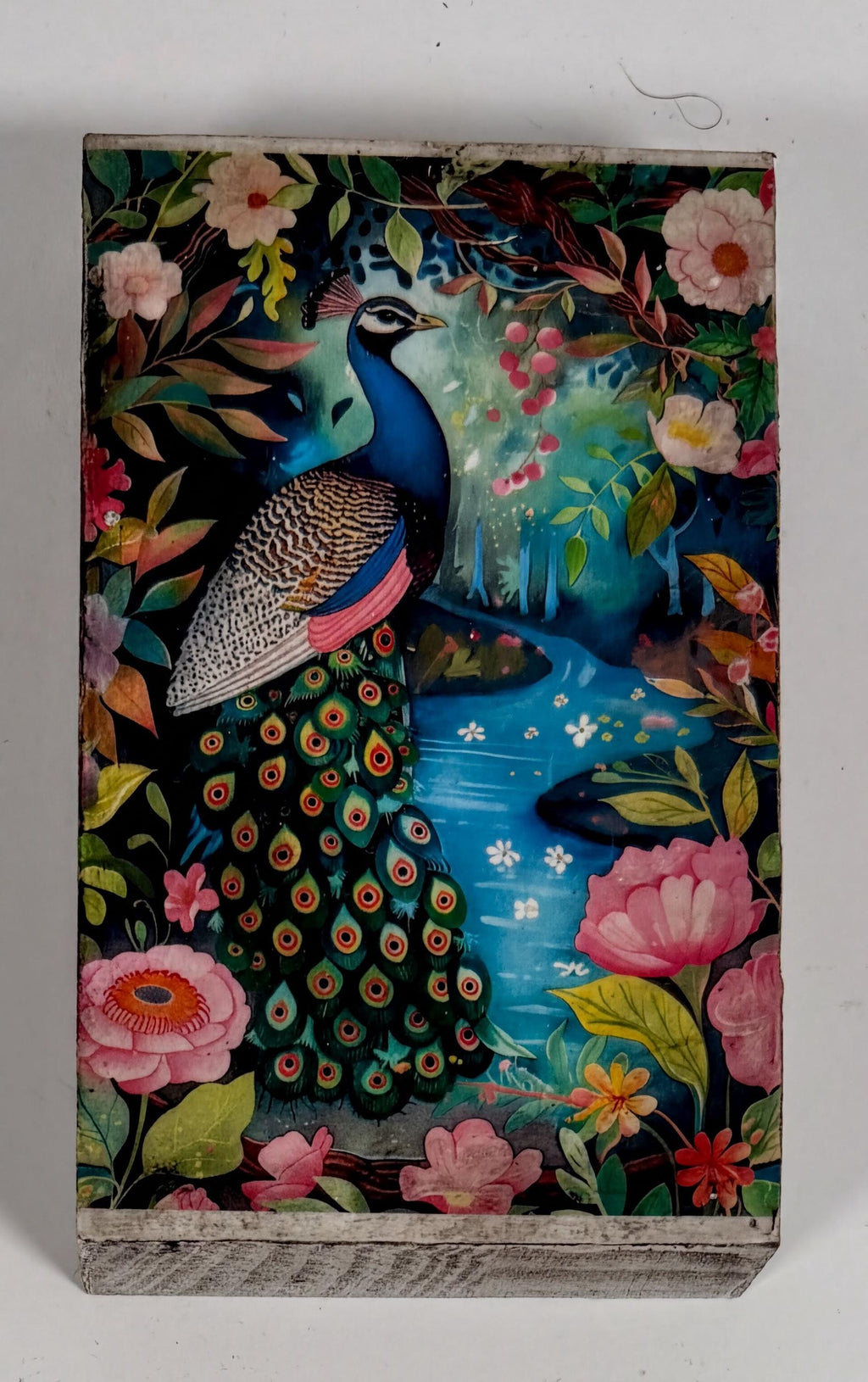 Peacock Wood Block, Vibrant Boho Decor, 3x5 Self-Standing Art by Mikela Lindel Home