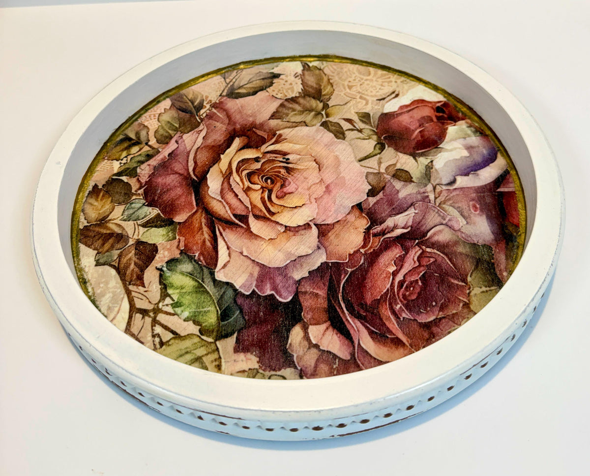 Vintage Floral Tray | Roses, 11.5-Inch Round Decoupage Tray by Mikela Lindel Home